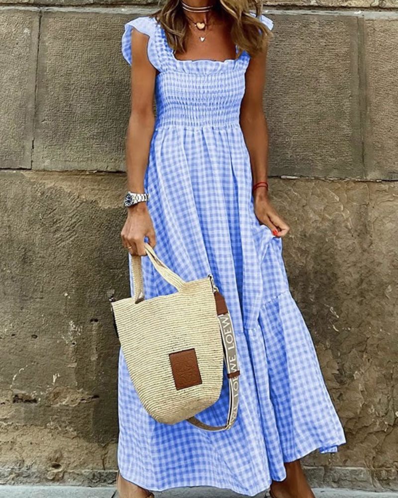 Gingham Smocked Square Neck Tiered Ruffle Cap Sleeve Maxi Dress
