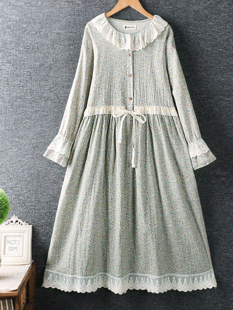 Ditsy Floral Print Lace Collar Long Sleeve Empire Waist Smock Midi Dress