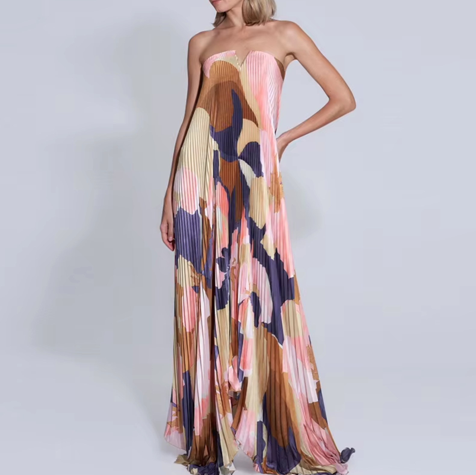 Strapless Floral Pleated A-Line Maxi Dress