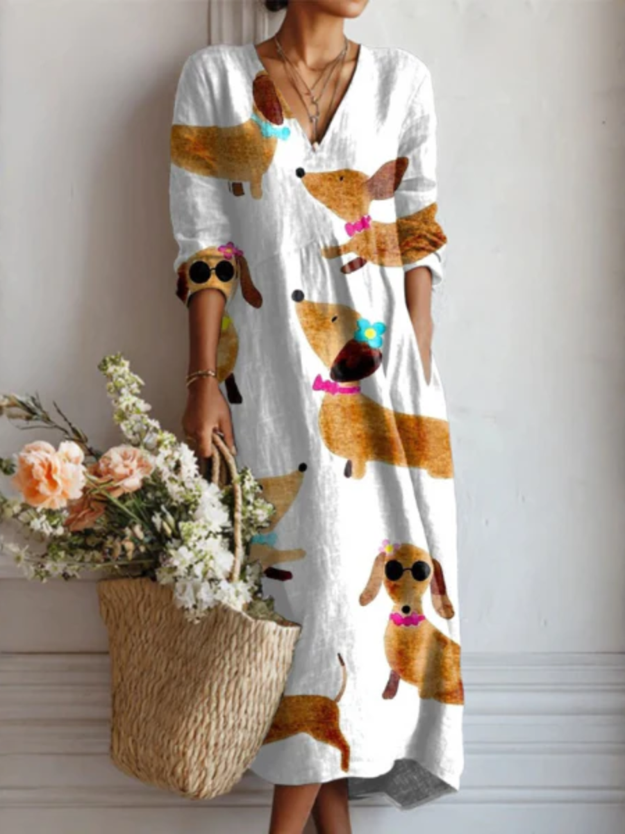 Dachshund Print V-Neck Long Sleeve Button Front Midi Dress