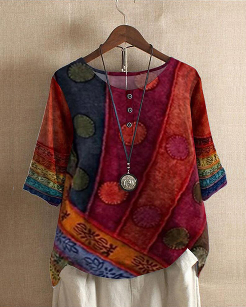 Patchwork Print Round Neck Half Sleeve Tunic Top