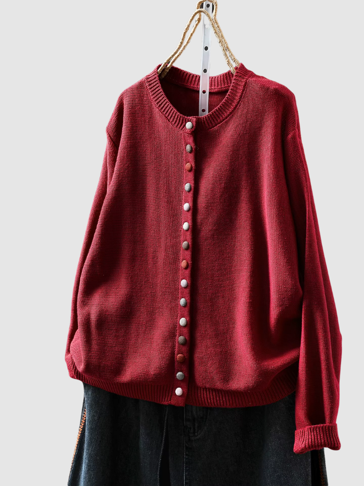 Crew Neck Long Sleeve Button Front Knit Cardigan