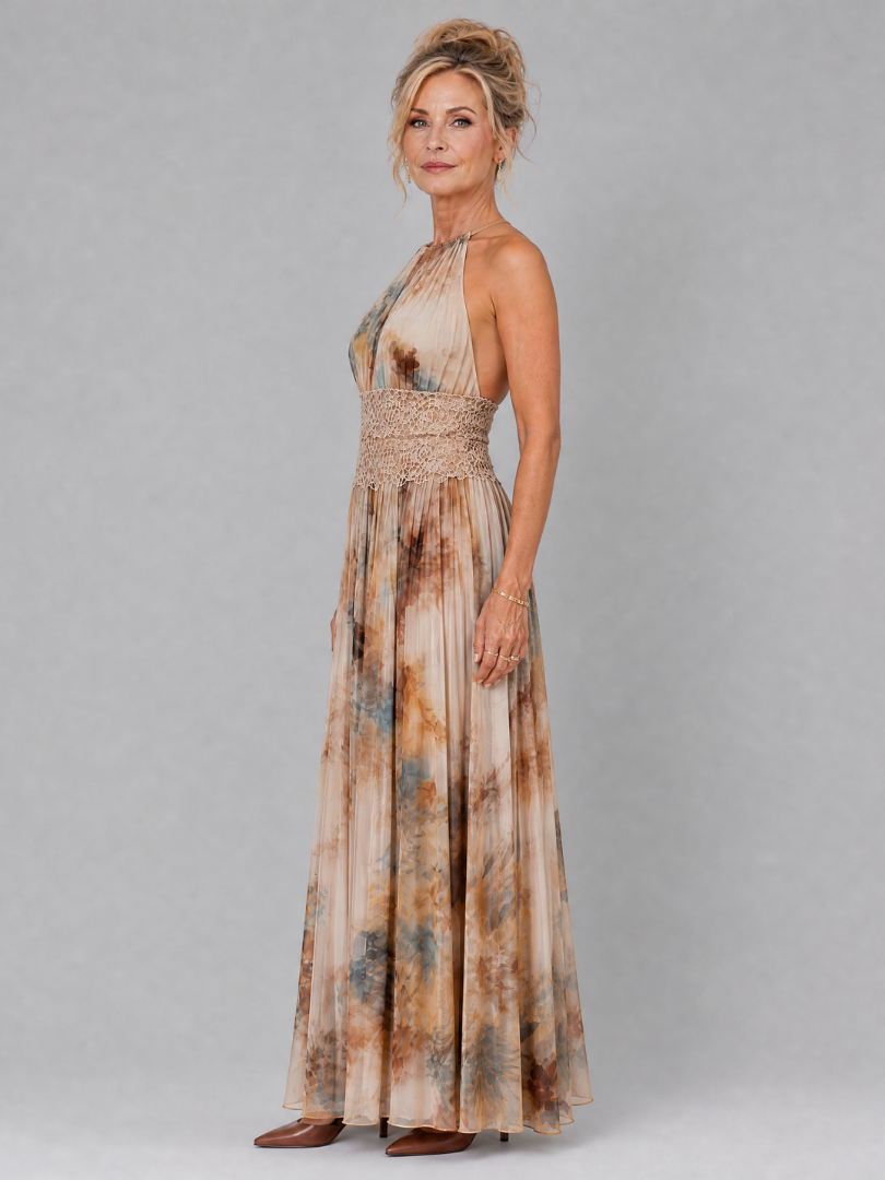 Marble Print Halter Neck Crochet Waist Maxi Dress