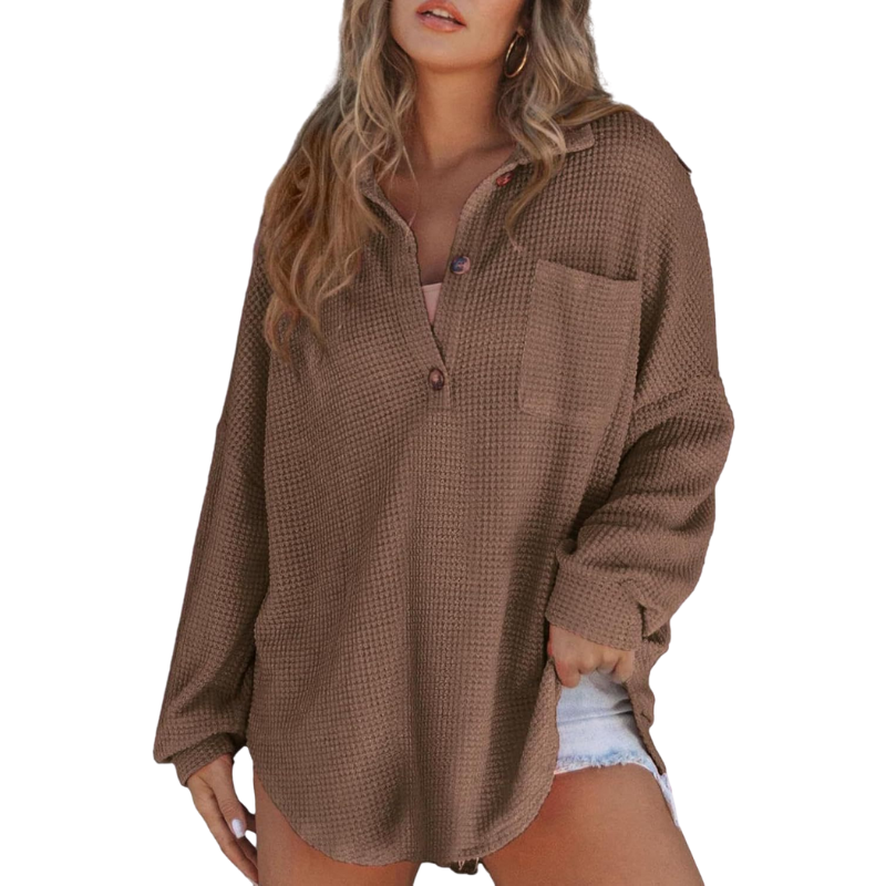 Waffle Knit Collared Button Long Sleeve Top