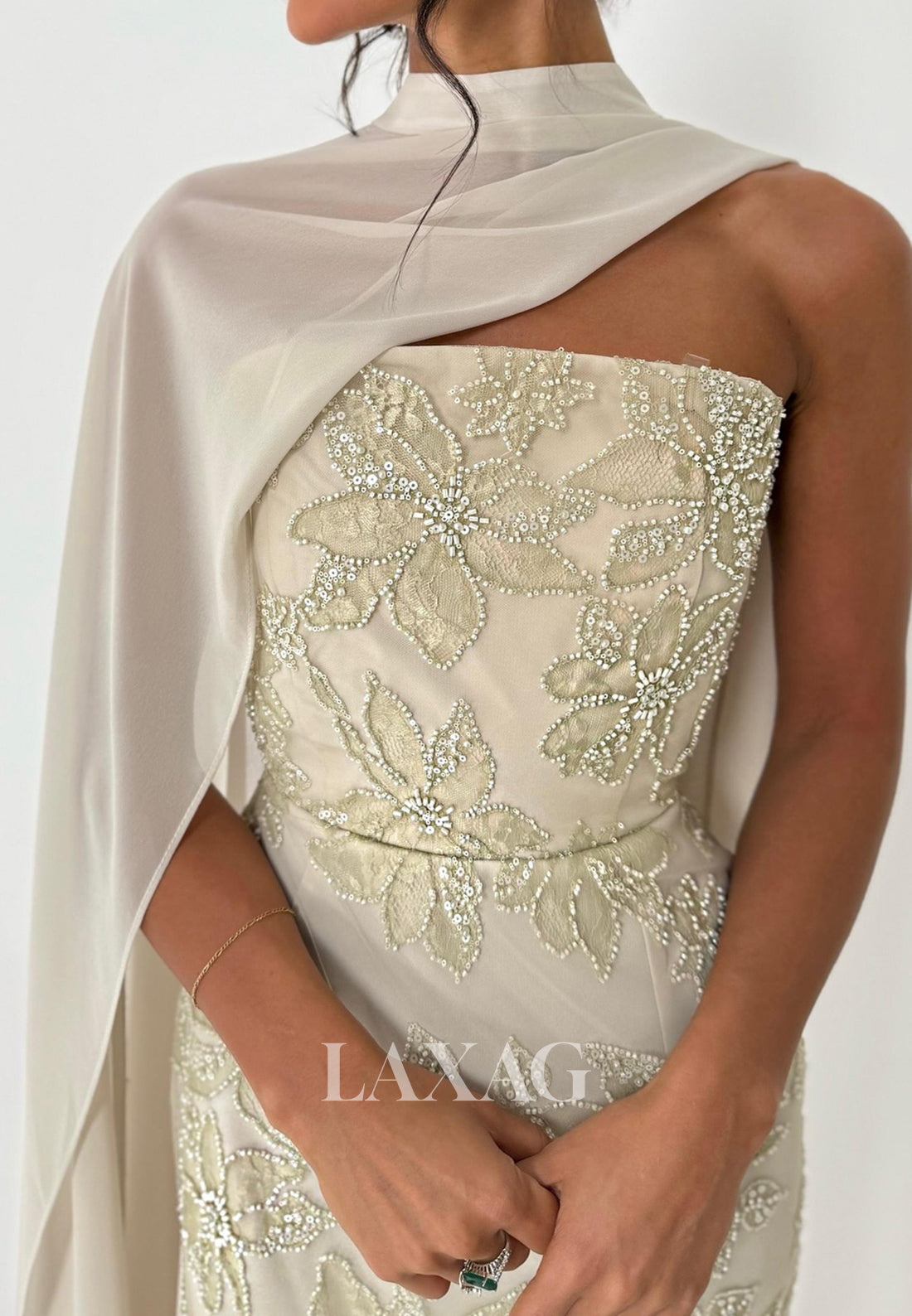 Tube Top Sleeveless Satin Mermaid Evening Dress Beaded Applique Formal Gowns with Chiffon Overlay