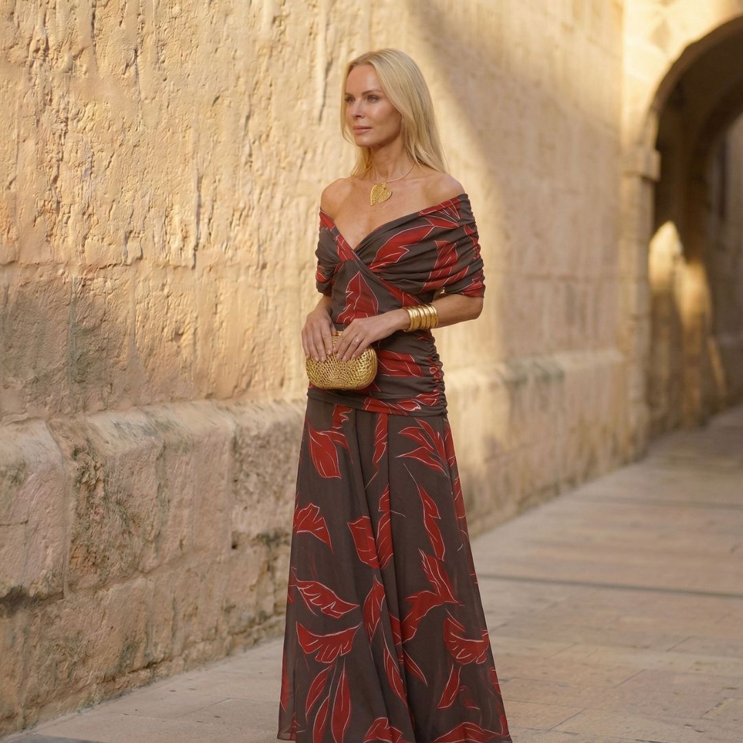 Leaf Print Off Shoulder Ruched High Split Maxi Dress