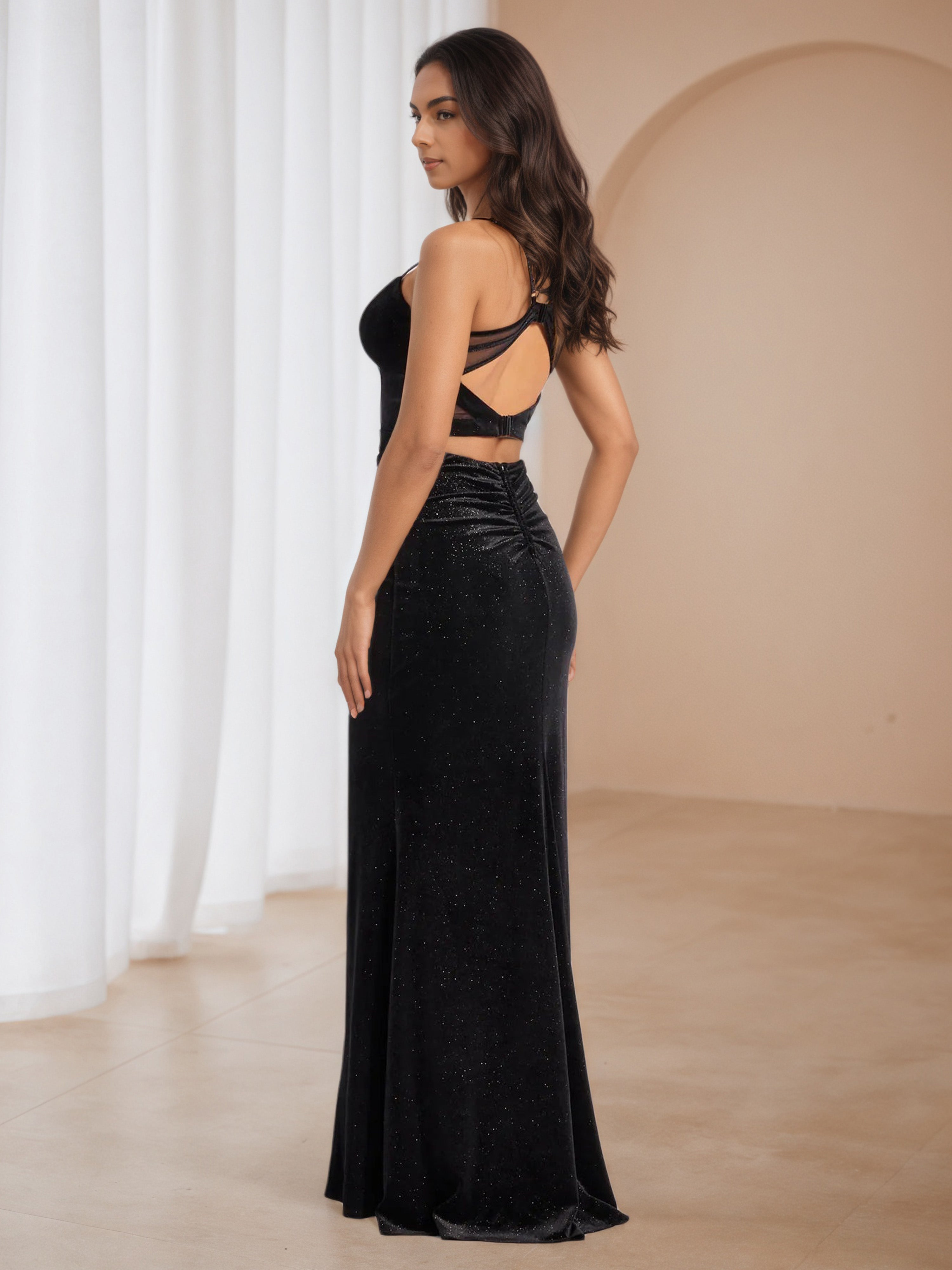 Glitter Black Open Back Long Formal Dresses with Split
