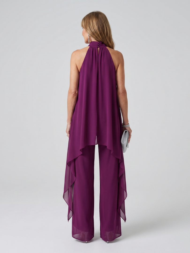Halter Neck Chiffon Overlay Top and Wide Leg Pants Two Piece Set