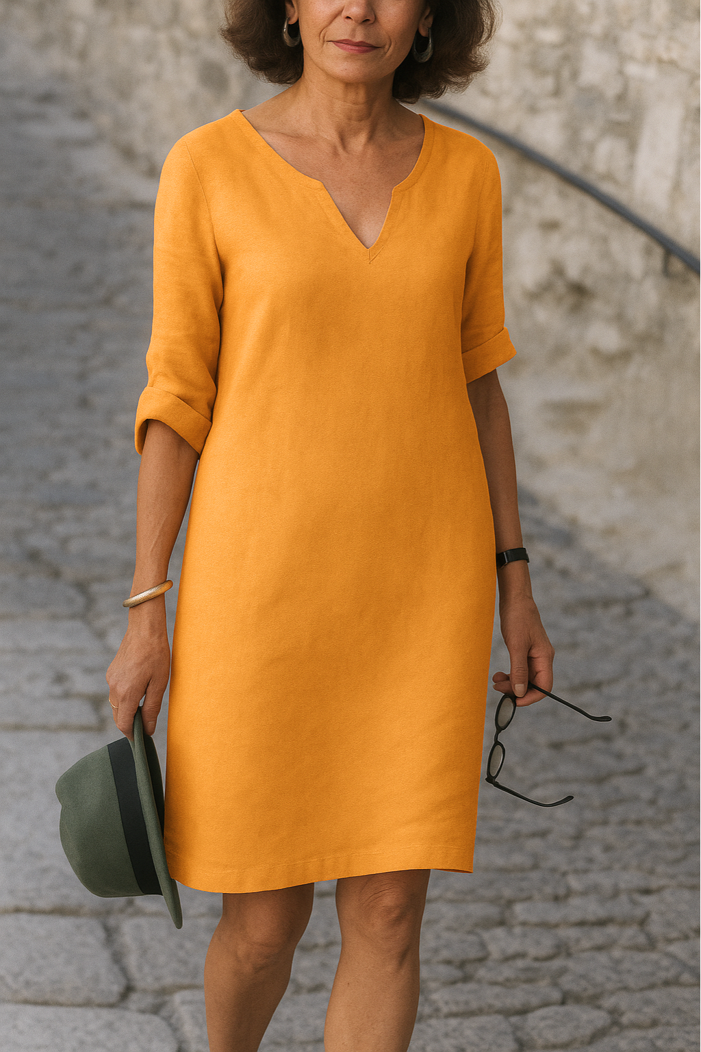 Notch V-Neck Roll Sleeve Shift Midi Dress