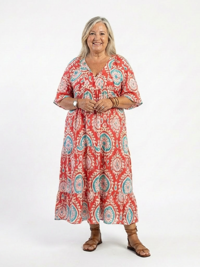 Medallion Print V-Neck Short Sleeve Tiered Maxi Dress