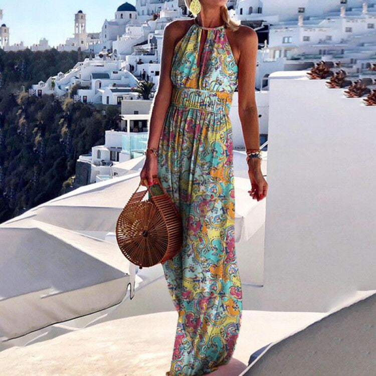 Paisley Print Halter Neck Keyhole Cut Out Smocked Waist Maxi Dress