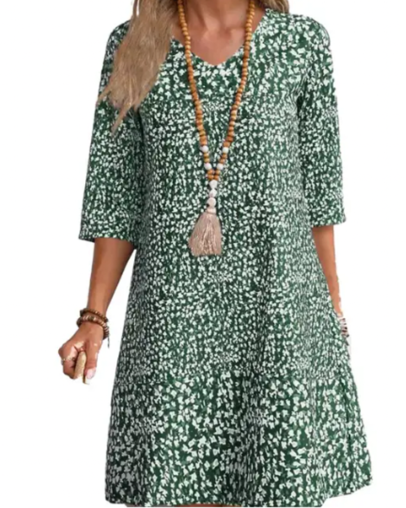 Abstract Print V-Neck Three Quarter Sleeve Tiered Shift Mini Dress