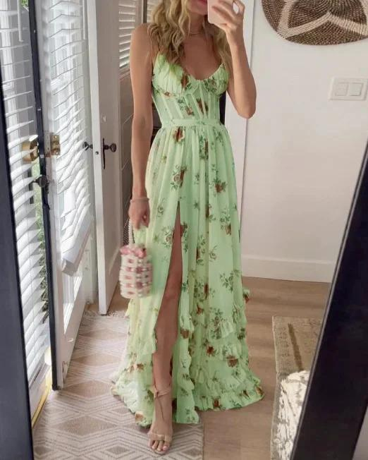 Floral Print Spaghetti Strap Sweetheart Corset Bodice High Split Midi Dress