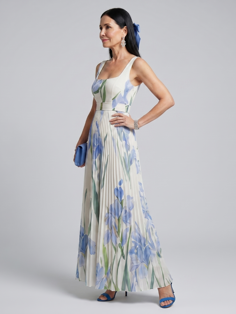 Floral Square Neck Sleeveless Pleated Maxi Dress