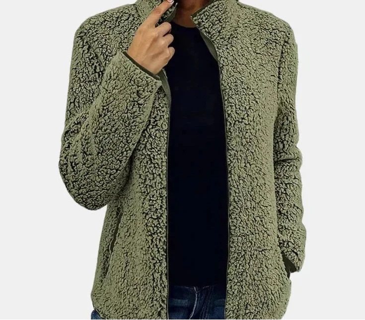Zip Front Stand Collar Teddy Fleece Jacket