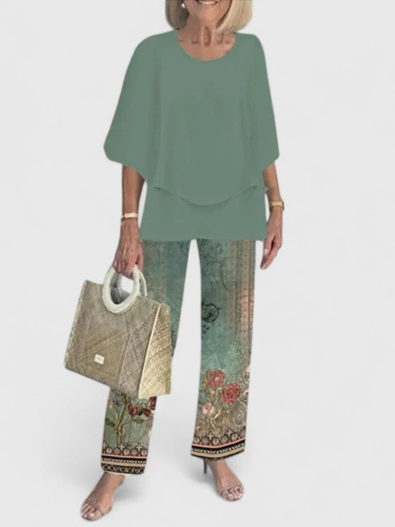 Layered Cape Overlay Top and Leaf Print Pants Two Piece Set
