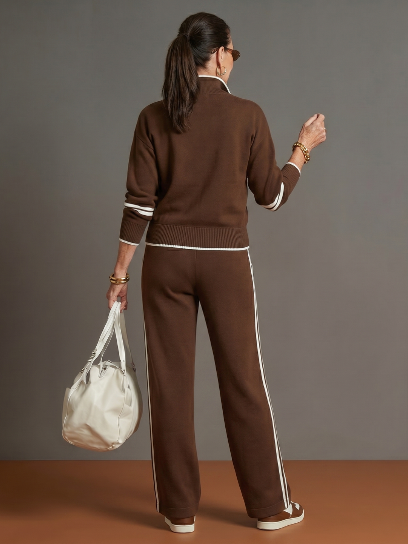 Quarter Zip Sweatshirt and Side Stripe Wide Leg Pants Two Piece Set