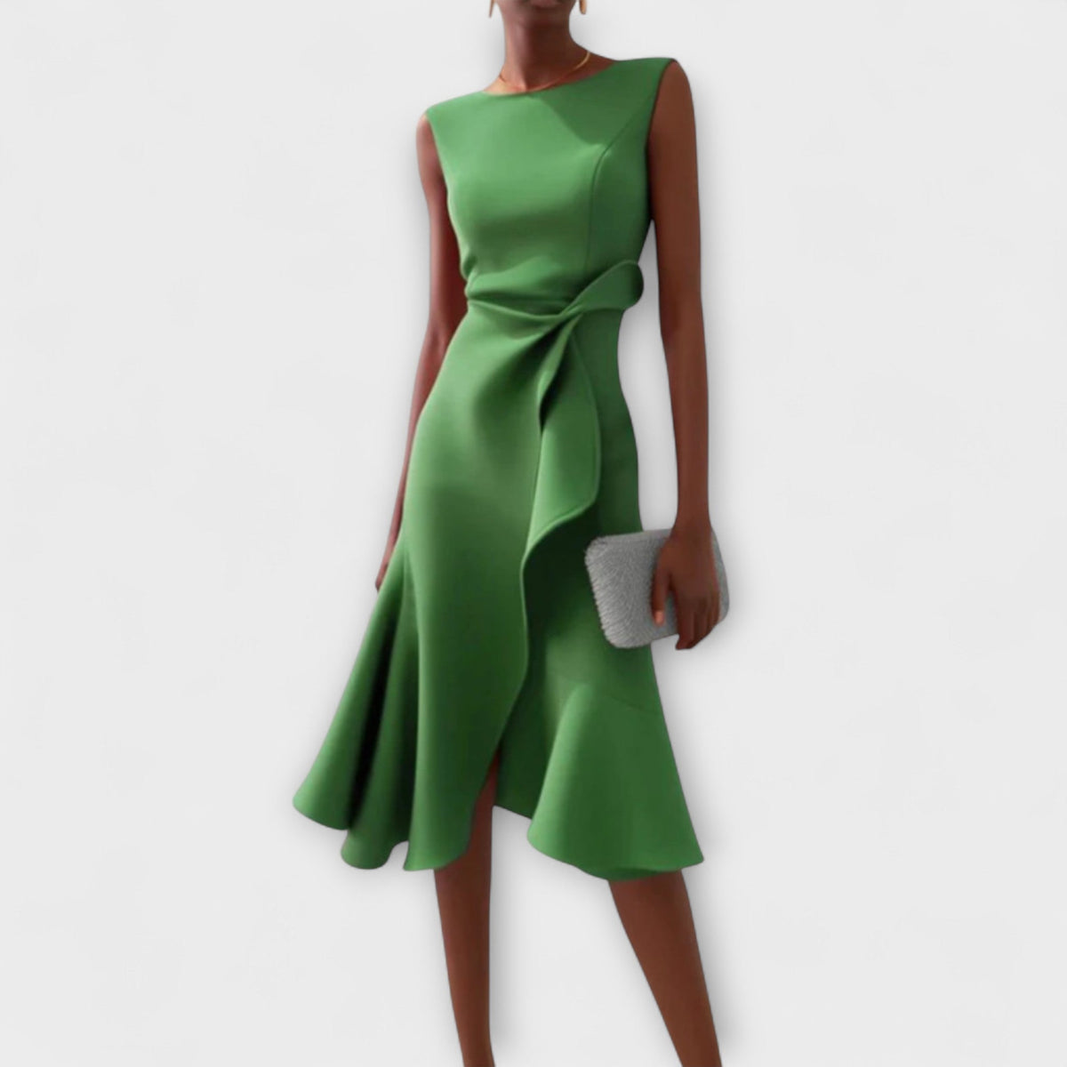Boat Neck Sleeveless Tie Waist Ruffle Asymmetric Midi Dress