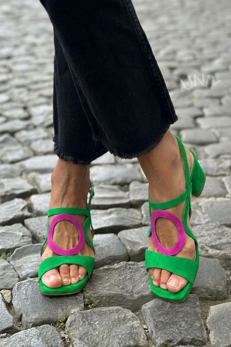 Circle Cut Out Suede Low Block Heel Sandals