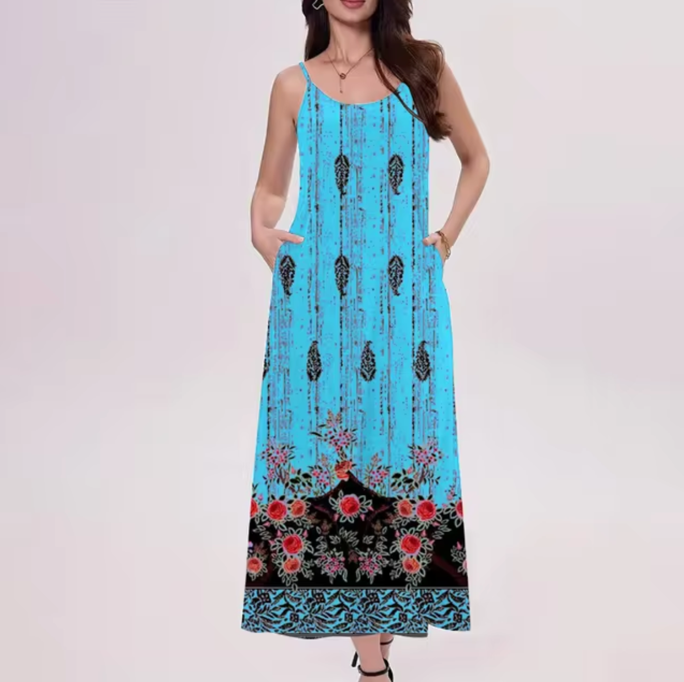 Floral Border Print Spaghetti Strap Scoop Neck Pocket A-Line Maxi Dress