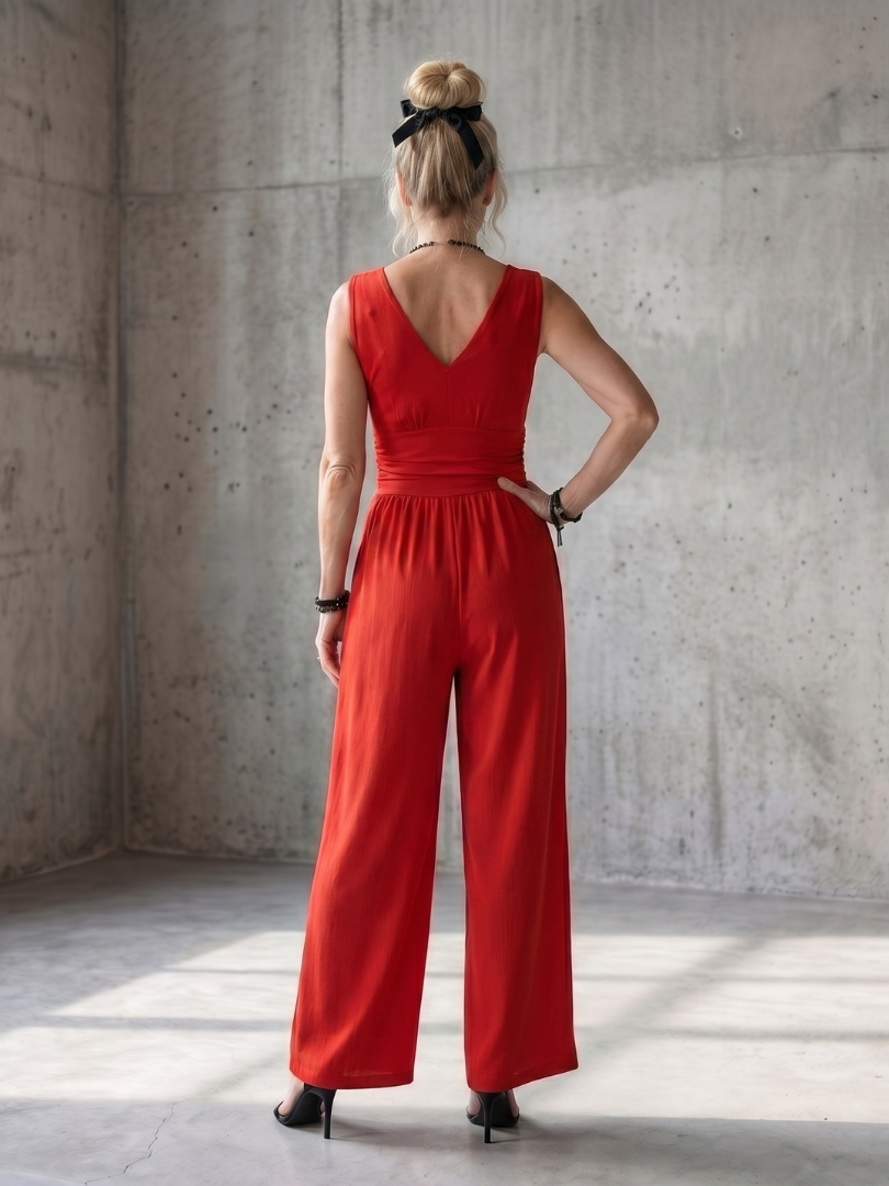 Deep V-Neck Sleeveless Ruched Waist Wide Leg Jumpsuit