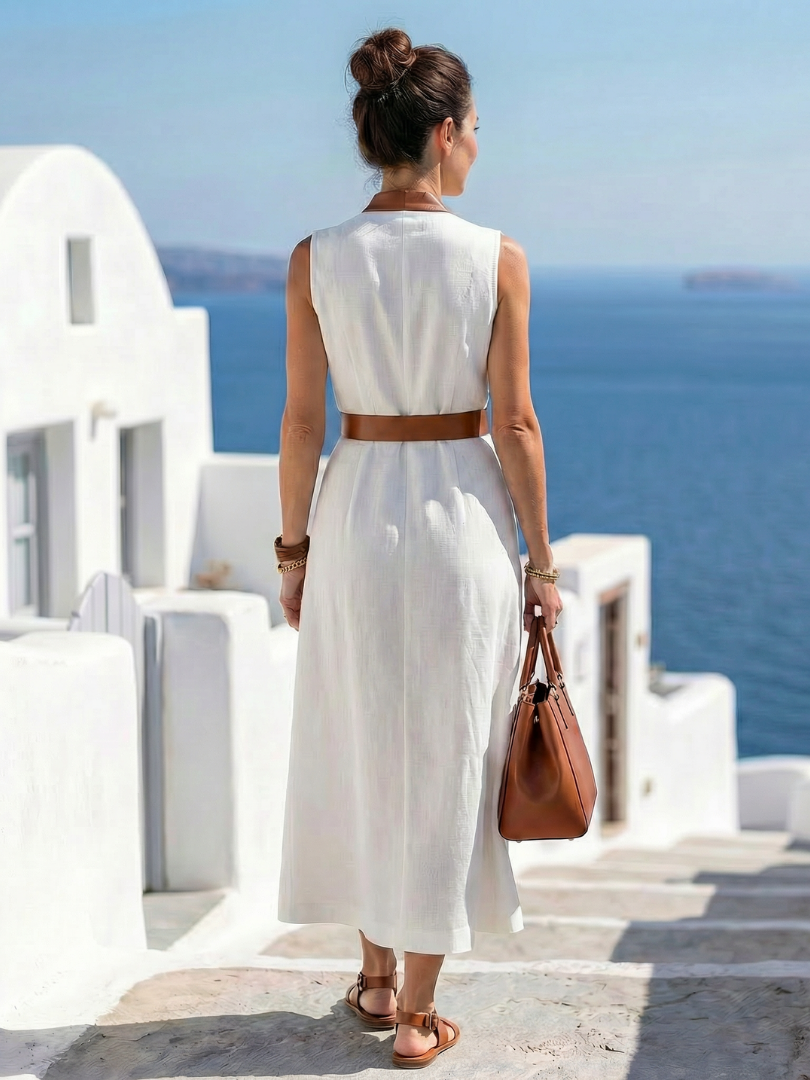 Contrast Belt Wrap V-Neck Sleeveless Maxi Dress