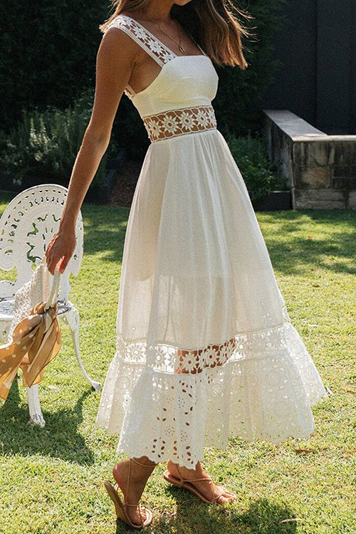 Square Neck Crochet Lace Trim Eyelet Tiered Hem Maxi Dress