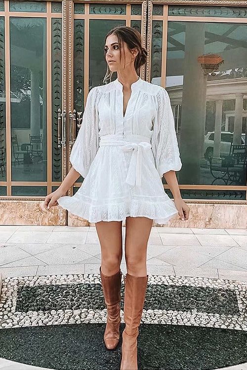 Crochet Lace Long Sleeve V-Neck Mini Dress - View 5