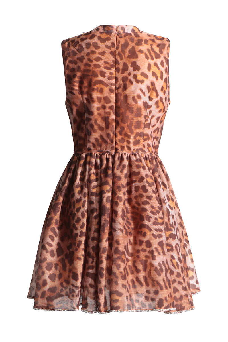 Leopard Print Round Neck Crystal Trim Corset Fit and Flare Mini Dress