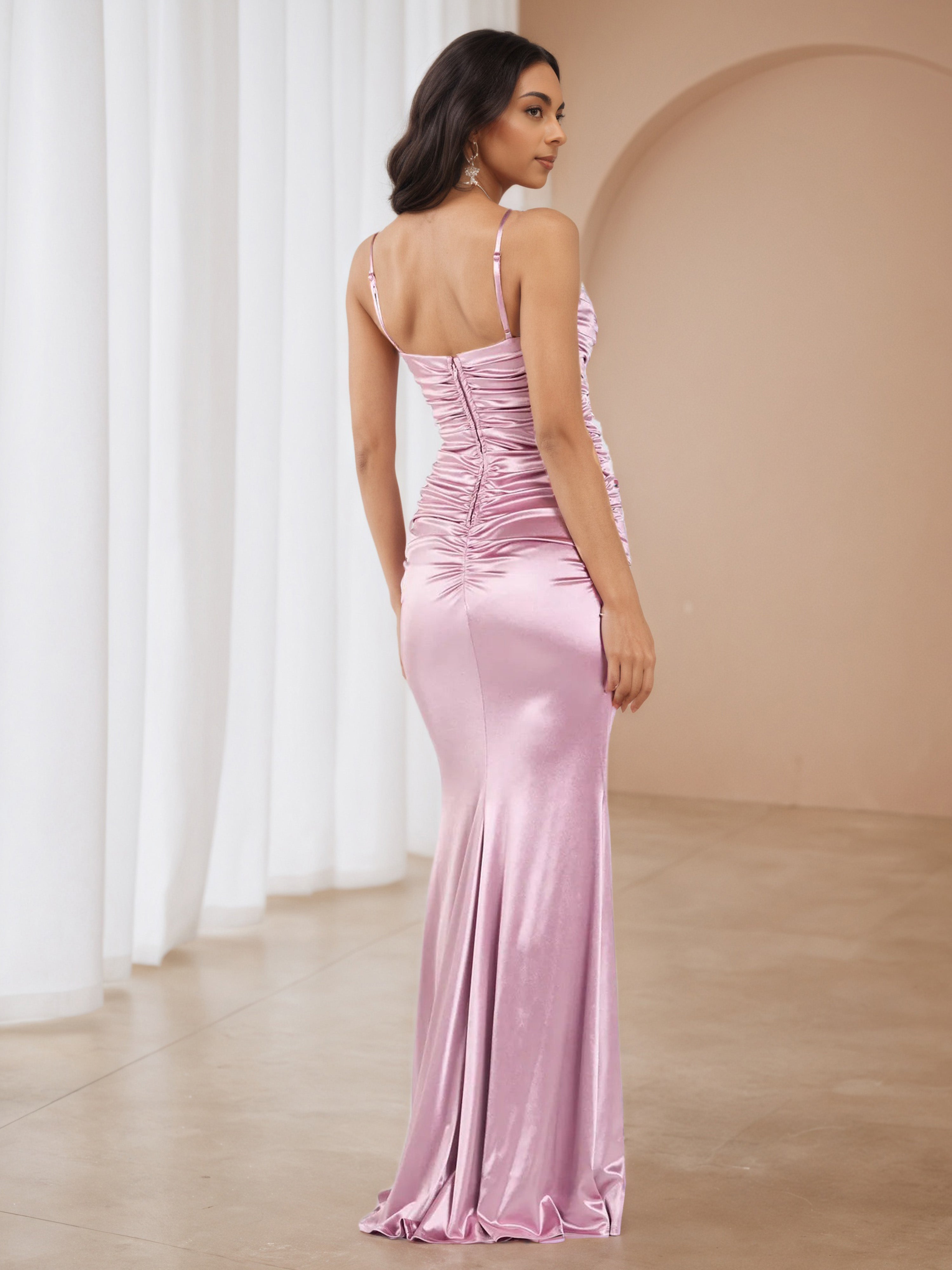 Pink Spaghetti Straps Sweetheart Trumpet/Mermaid Long Formal Dresses