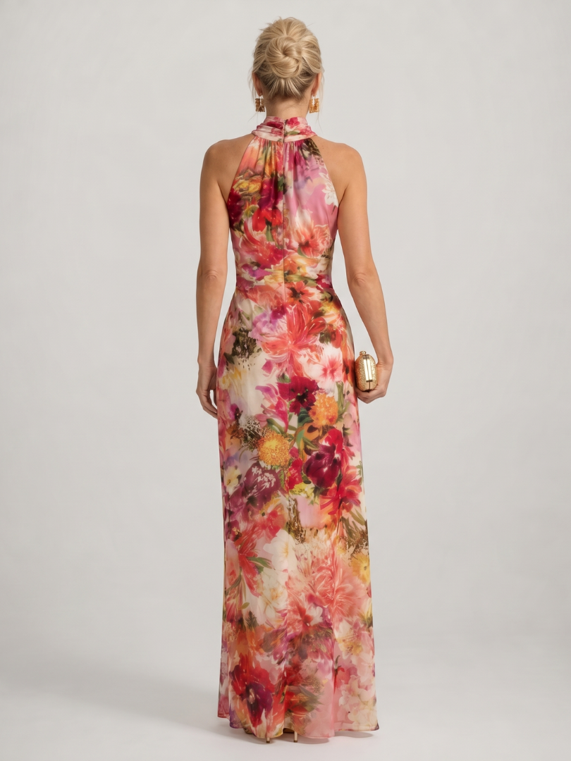 Floral Halter Neck Ruffle Sleeveless Maxi Gown