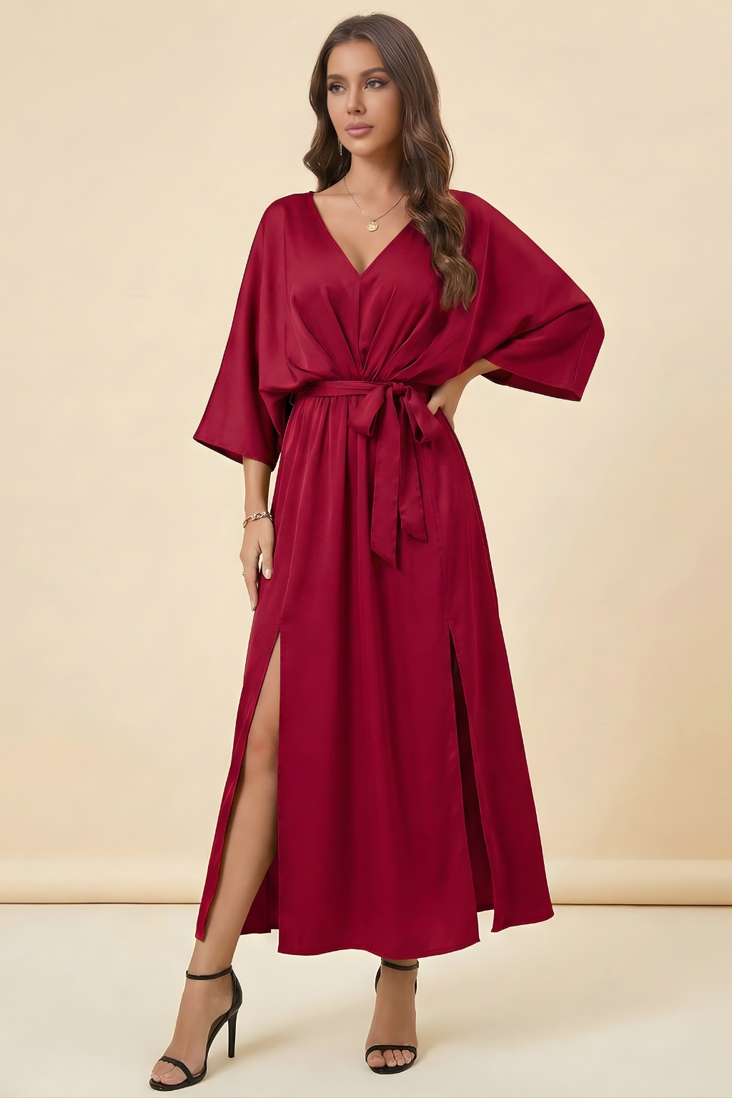 Satin V-Neck Batwing Wrap Maxi Dress 4