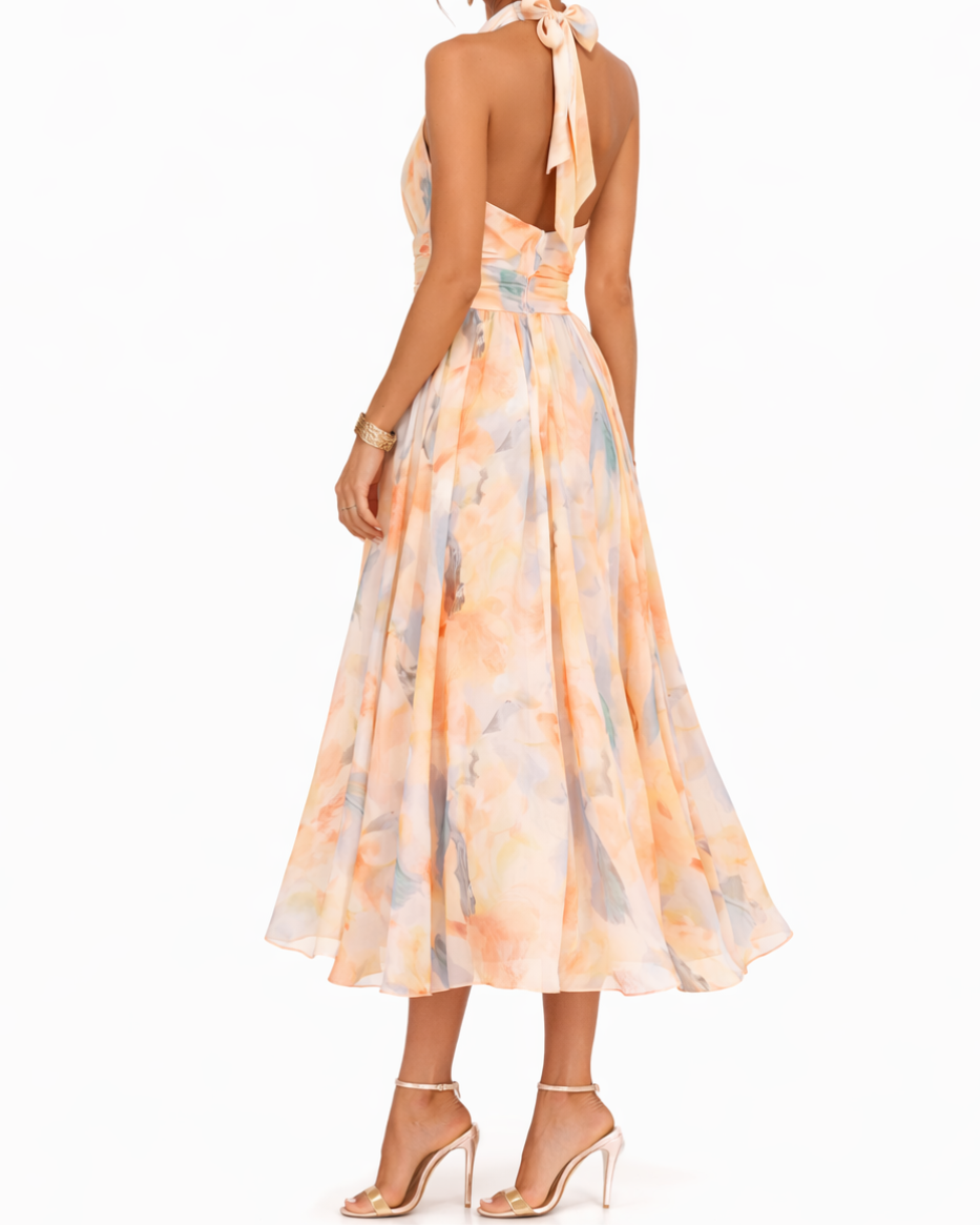 Floral Print Halter Neck Fit and Flare Maxi Dress