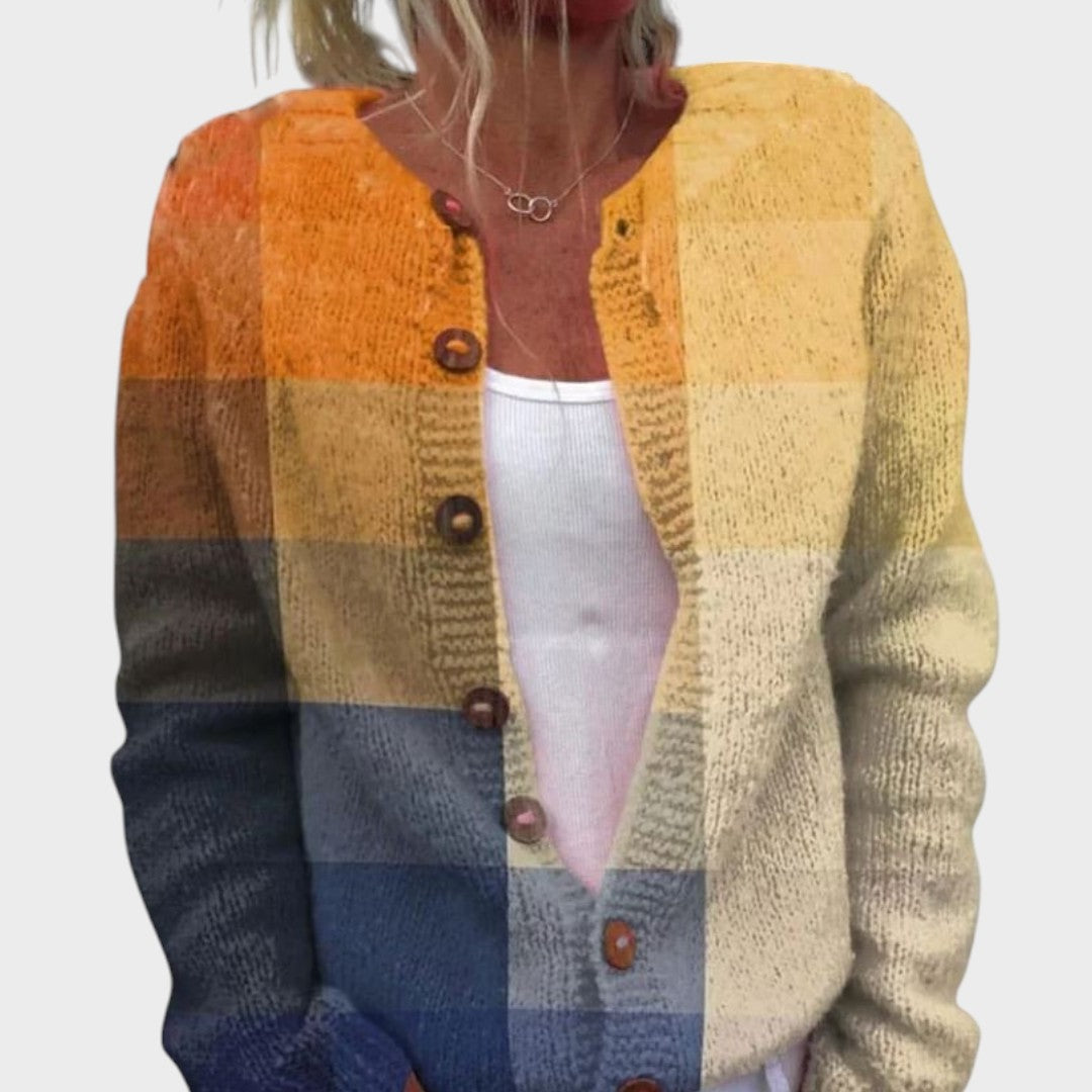 Checkerboard Color Block Round Neck Button Front Knit Cardigan