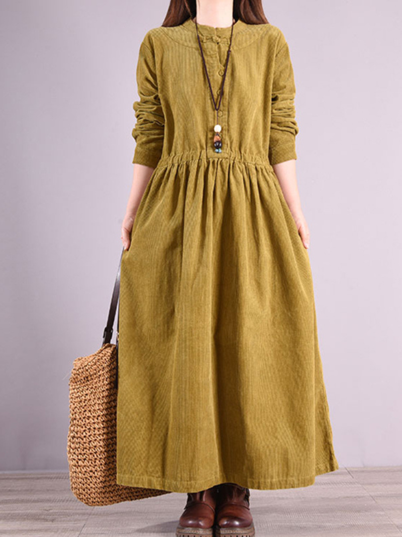 Corduroy Round Neck Button Front Long Sleeve Gathered Waist A-Line Maxi Dress