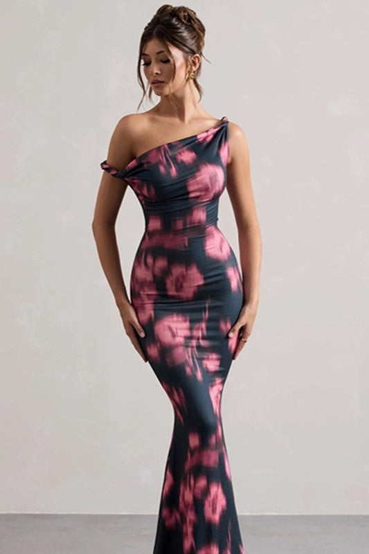 Floral Print One Shoulder Knot Mermaid Maxi Dress