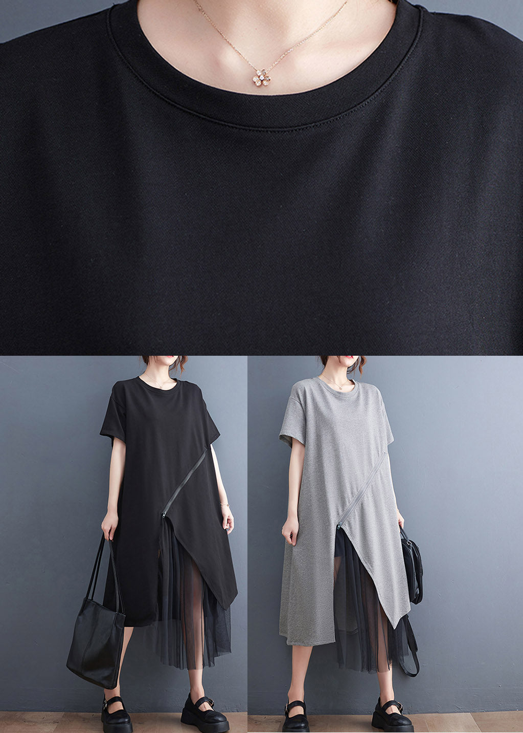 Diagonal Zip Mesh Layer Asymmetrical Hem Short Sleeve Midi Dress