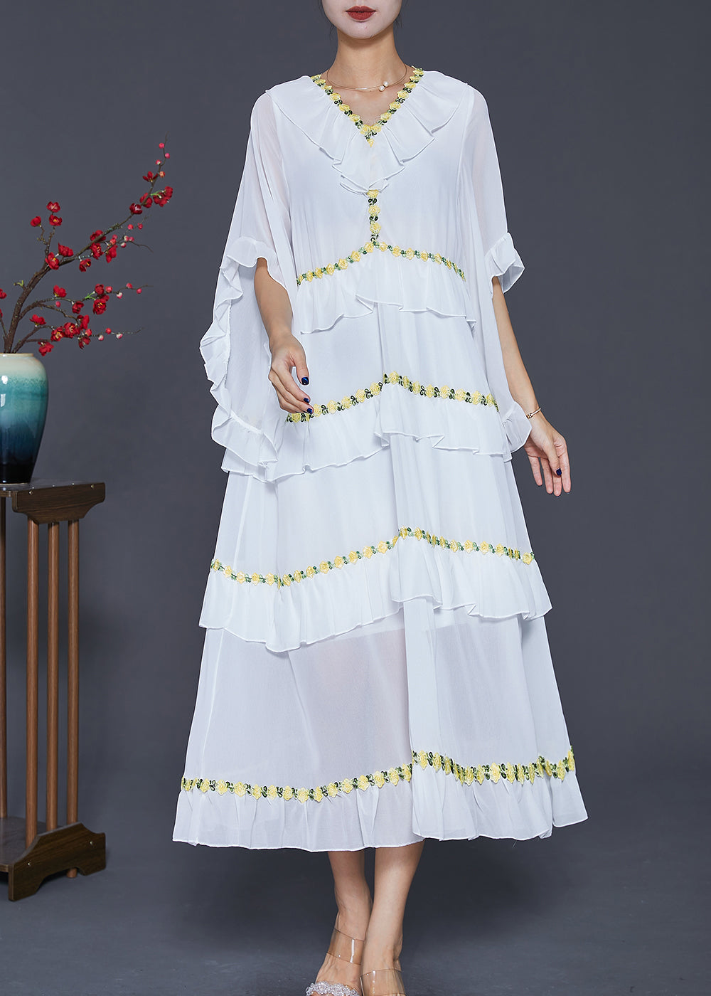 Chiffon V-Neck Ruffle Butterfly Sleeve Tiered Floral Embroidery Maxi Dress