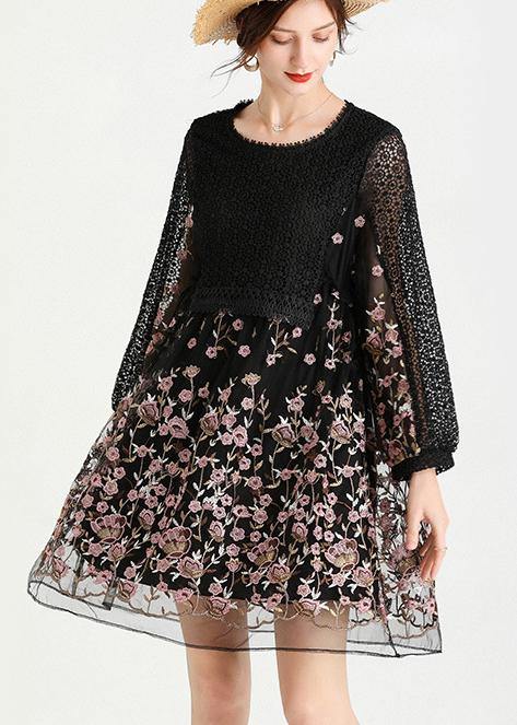 Lace Bodice Floral Embroidered Mesh Long Sleeve Empire Waist Babydoll Mini Dress