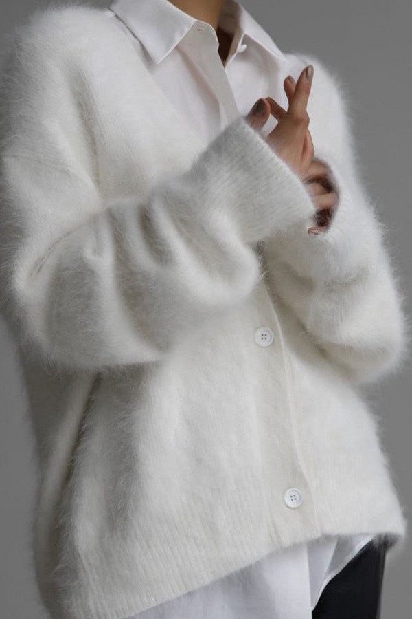 Deep V-Neck Balloon Sleeve Fuzzy Knit Button Front Oversized Cardigan 4