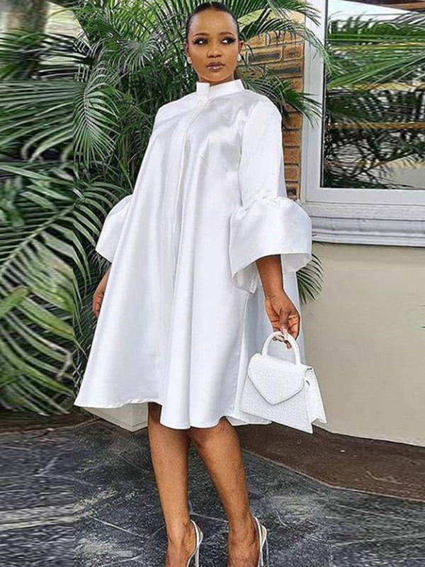 Satin Stand Collar Bell Sleeve Swing Midi Dress 4