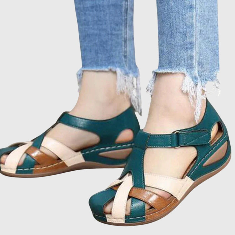 Closed Toe Cross Strap Hook and Loop Wedge Sandals