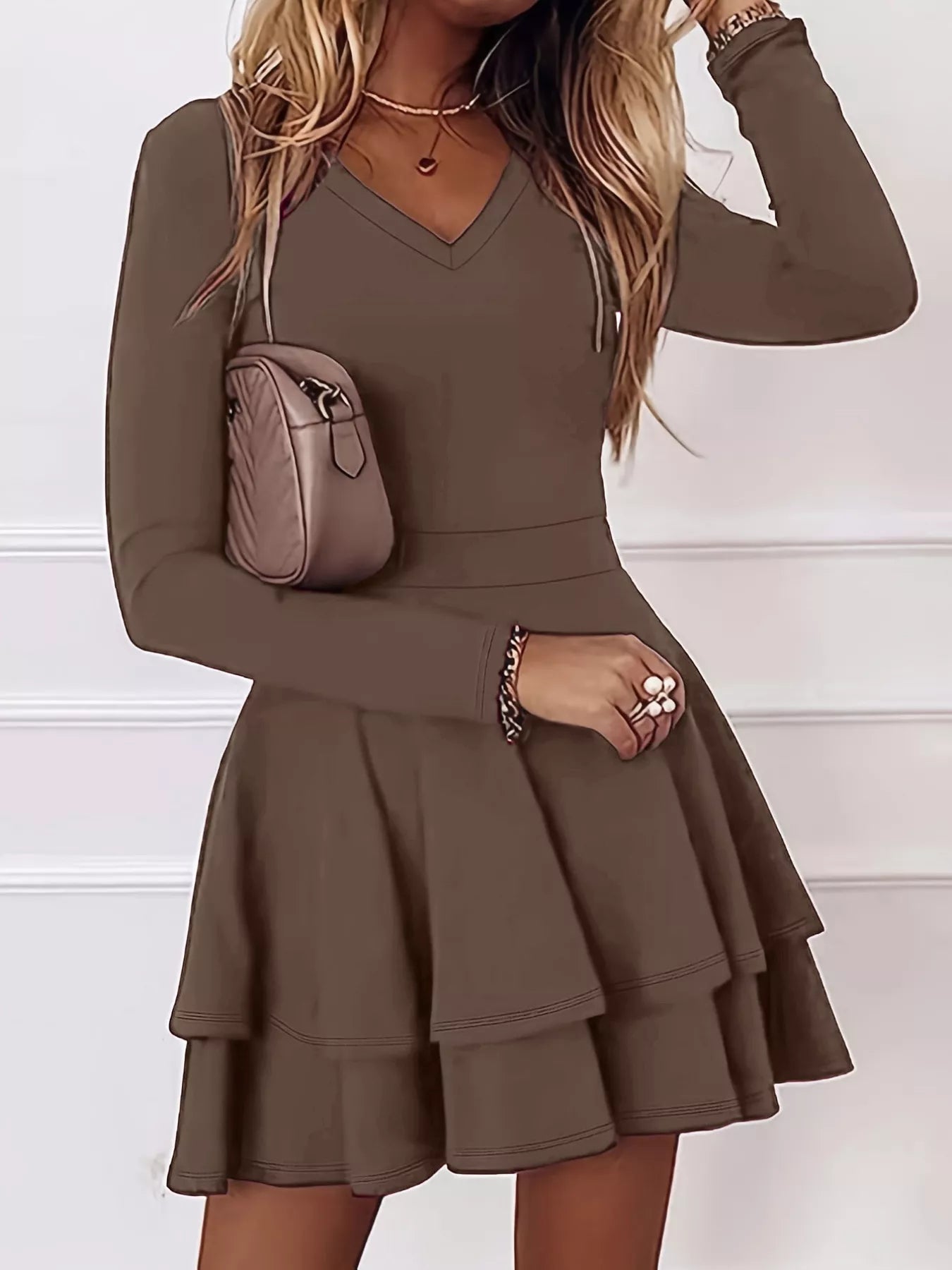 V-Neck Layered Ruffle Mini Dress Coffee Brown