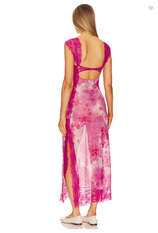 Floral Lace Trim Cut Out Slip Midi Dress 40