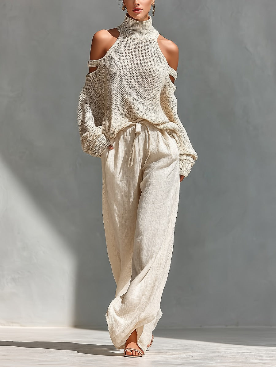 Cold Shoulder Turtleneck Knit Sweater and Wide Leg Pants Two Piece Set