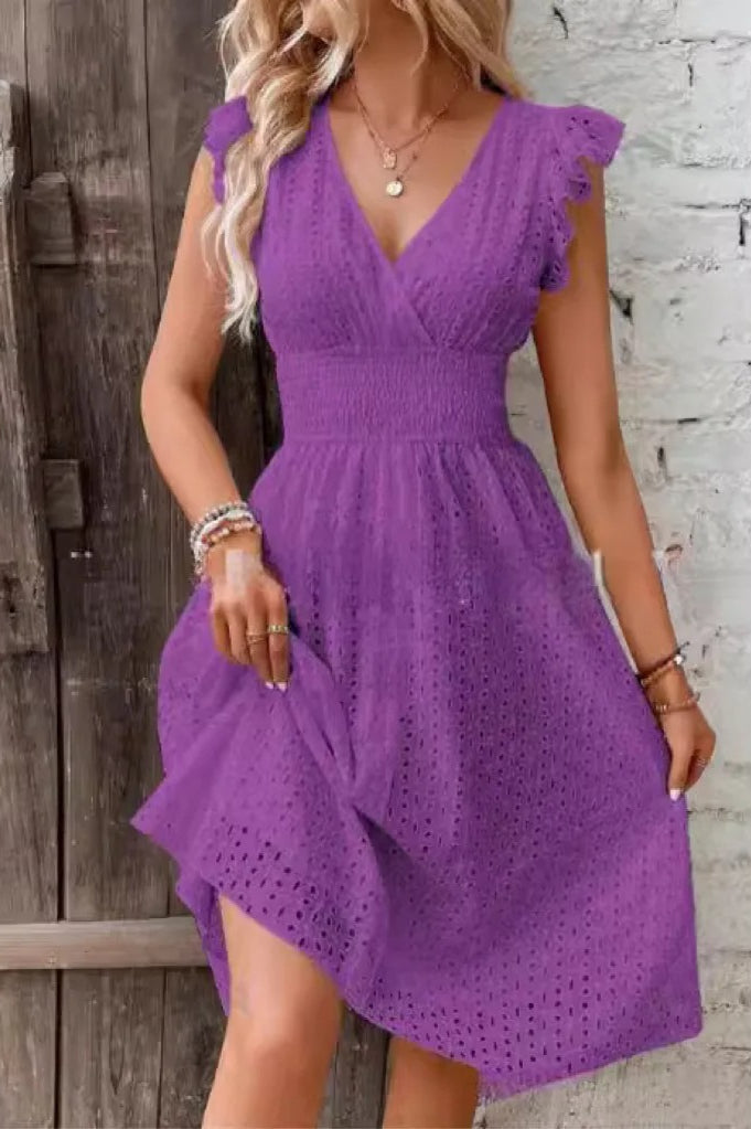 Eyelet Embroidered Surplice V-Neck Ruffle Sleeve Smocked Waist Midi Dress 10