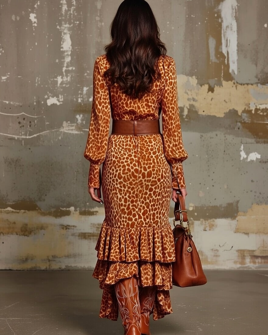 Leopard Print Long Sleeve Ruffle Mermaid Maxi Dress 2