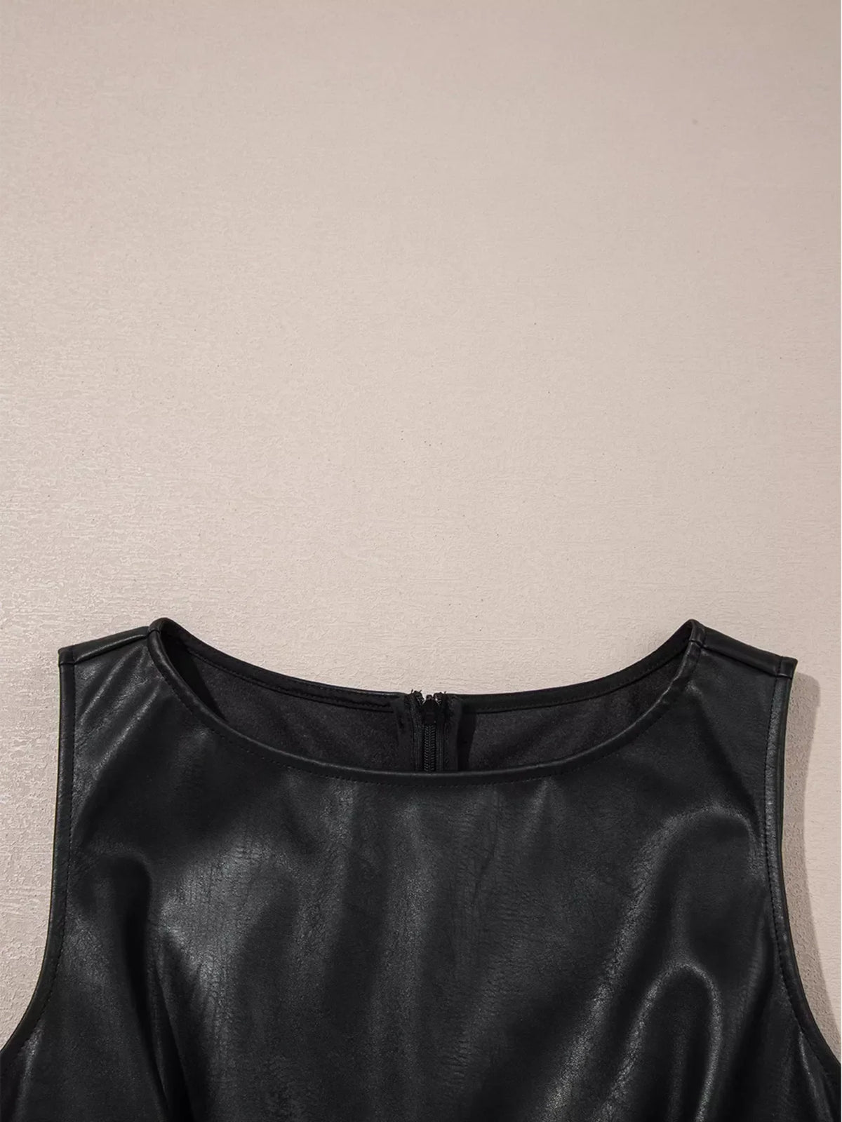 Faux Leather Sleeveless Boat Neck Shift Mini Dress 8
