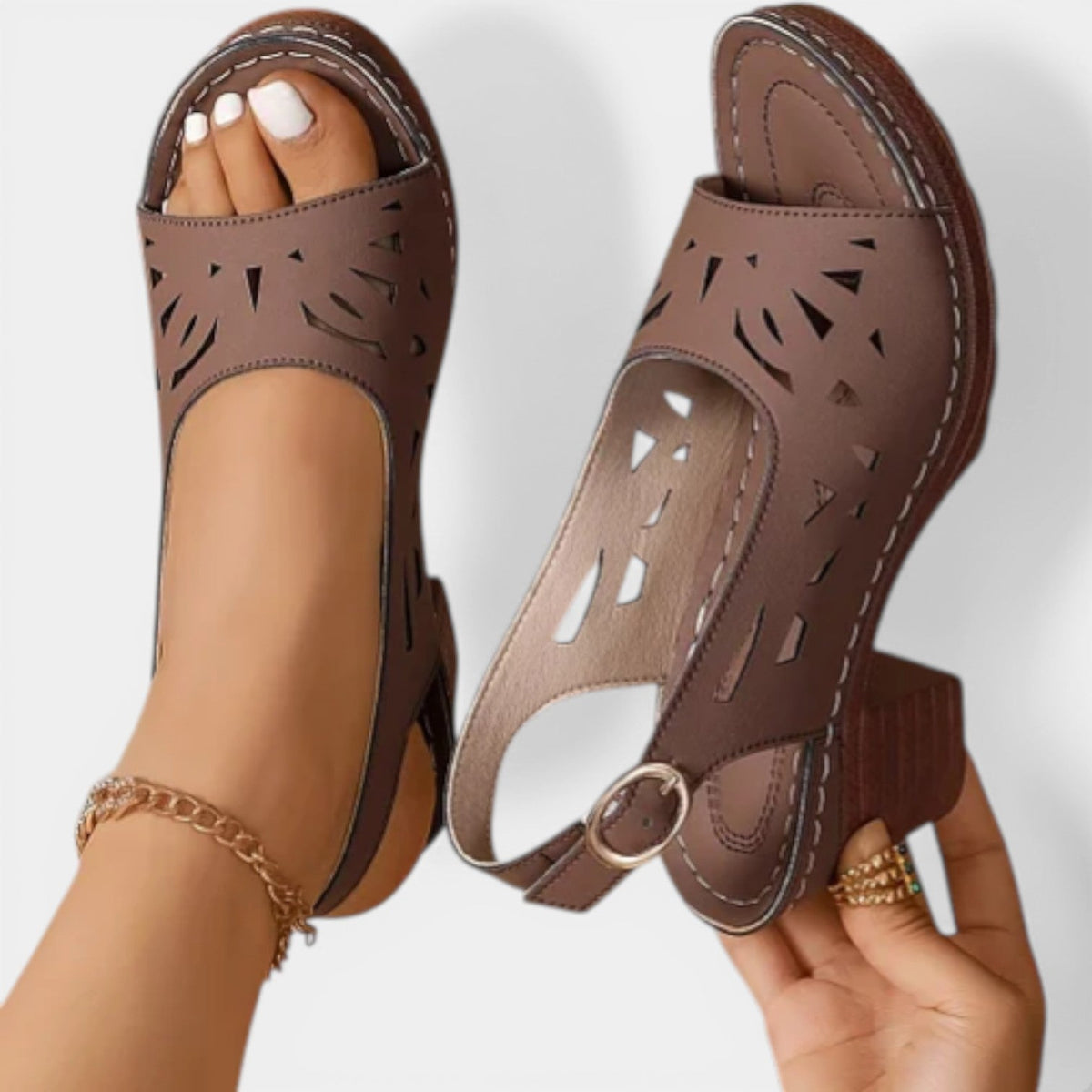 Peep Toe Laser Cut Slingback Block Heel Sandals