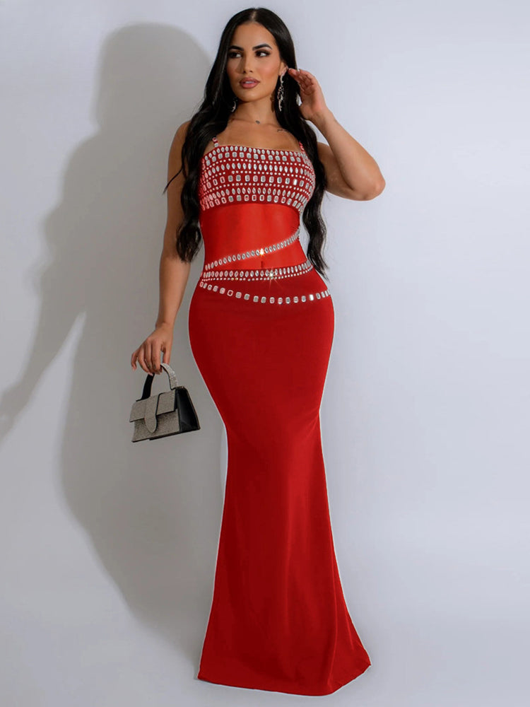 Rhinestone Embellished Sheer Mesh Panel Spaghetti Strap Mermaid Maxi Dress